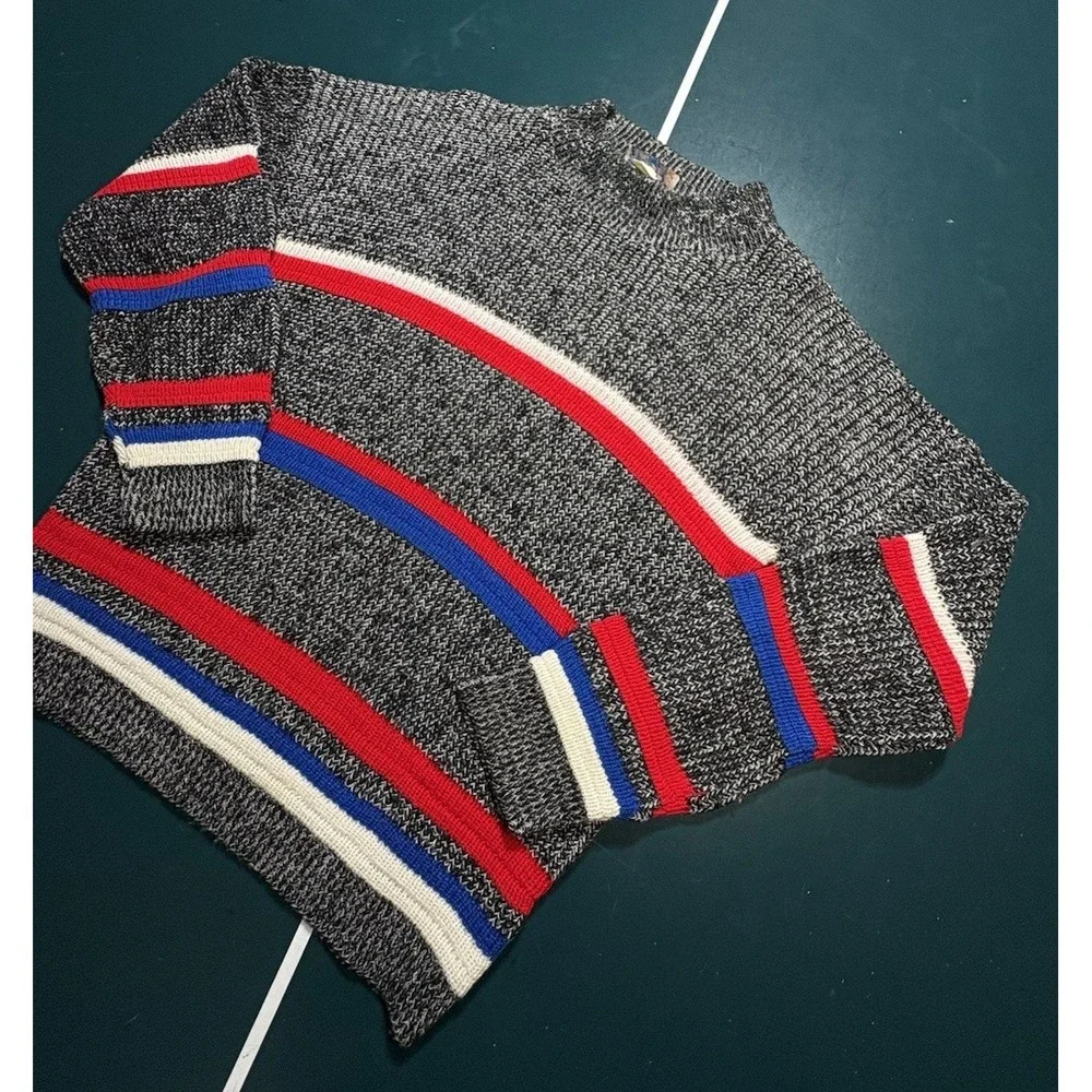 Vintage Chunky Knit Sweater Men's Small Gray‎ Striped Marled Fisherman Crewneck
